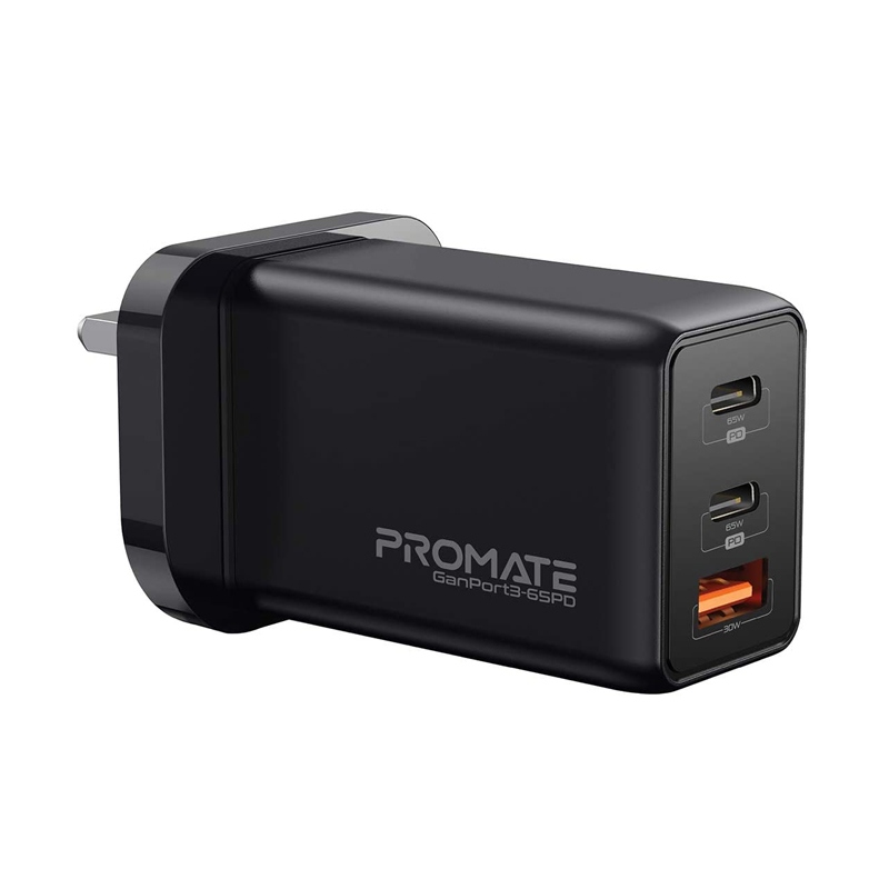 [GANPORT3-65PD] Promate 65W Power Delivery GaNFast™ Charging Adaptor UK Plug Charge From Earbuds to Macbook Pro 16" Black