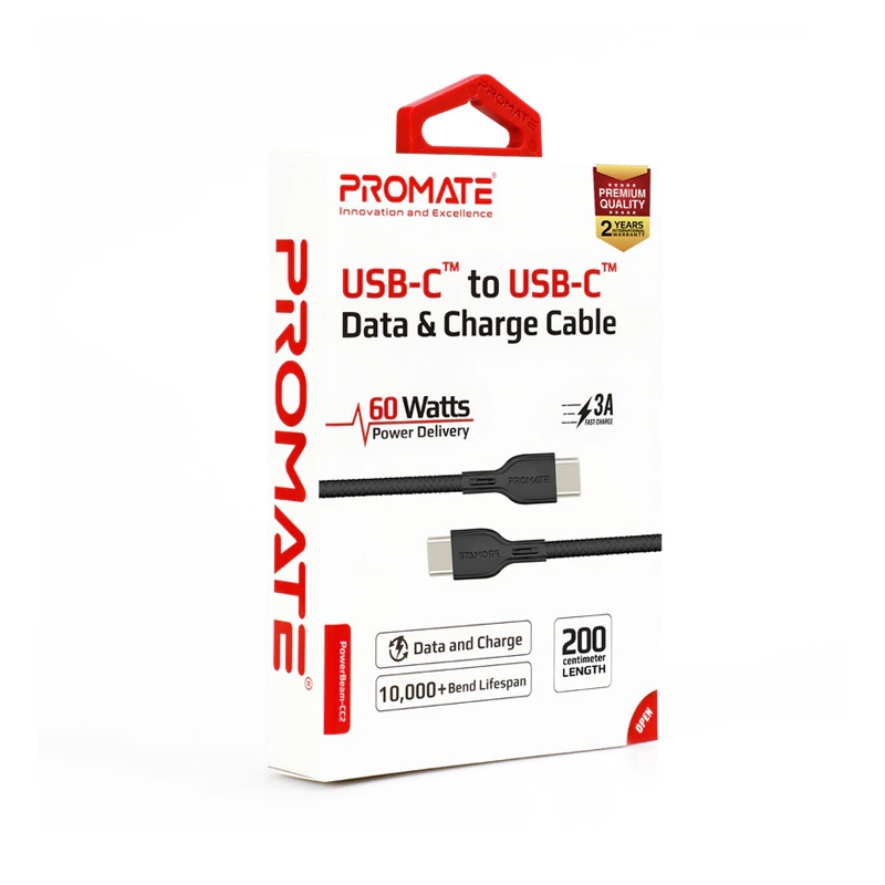 [POWERBEAM-CC2] Promate Power Beam-CC2 Blue 60W Power Delivery Enabled USB-C to USB-C Data Sync & Charge Cable - Black
