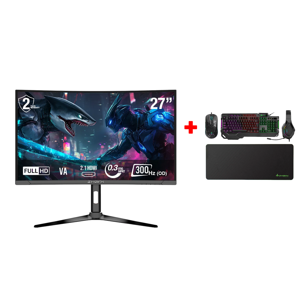 [27F300VC] SharX Jaws 27" Curved Gaming Monitor, VA Panel FHD 300Hz 0.3ms HDMI 2.1 With AMD FreeSync & Nvidia G-Sync Compatibility + SharX Jaws JS4X1 4-In-1 Gaming Bundle, Keyboard (English & Arabic) Mouse, Headset & MousePad