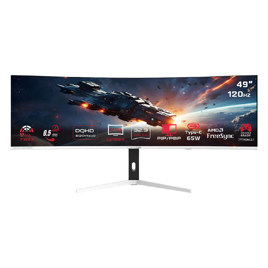 [GOAC49DQHD120] GameOn GOAC49DQHD120 Spectra Pro X Series 49" VA DQHD 120Hz MPRT 0.5ms, HDMI 2.1 Curved Gaming Monitor 1500R 32:9 (Supports PS5) -White