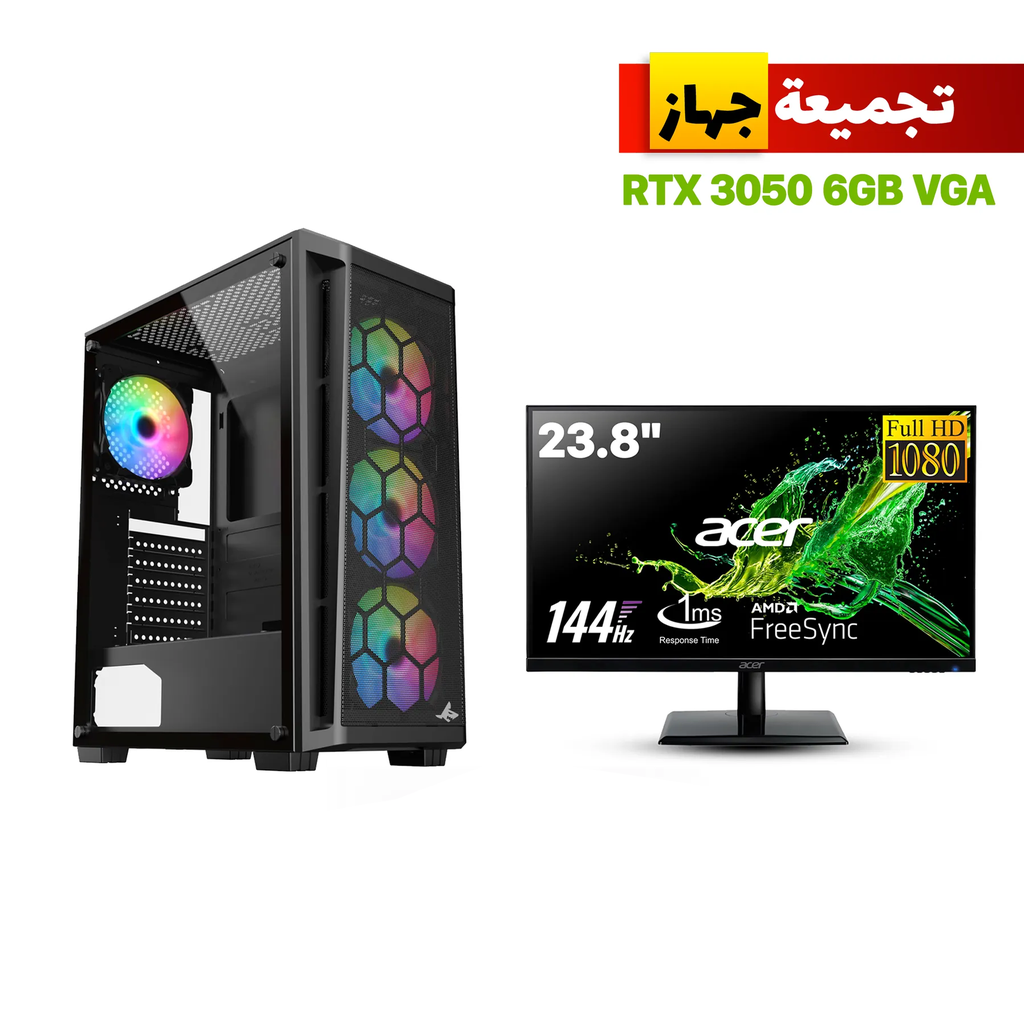 [R-200-CGPC1] Gaming PC – Intel i5-12400F Processor, H610 D4 Motherboard, 16GB DDR4 RAM, 1TB NVMe SSD, RTX 3050 6GB GPU, 650W PSU, Sharx Razorfin ATX Case 4x RGB Fans, USB WiFi, Windows 11 Pro, Acer 24" 144Hz Monitor