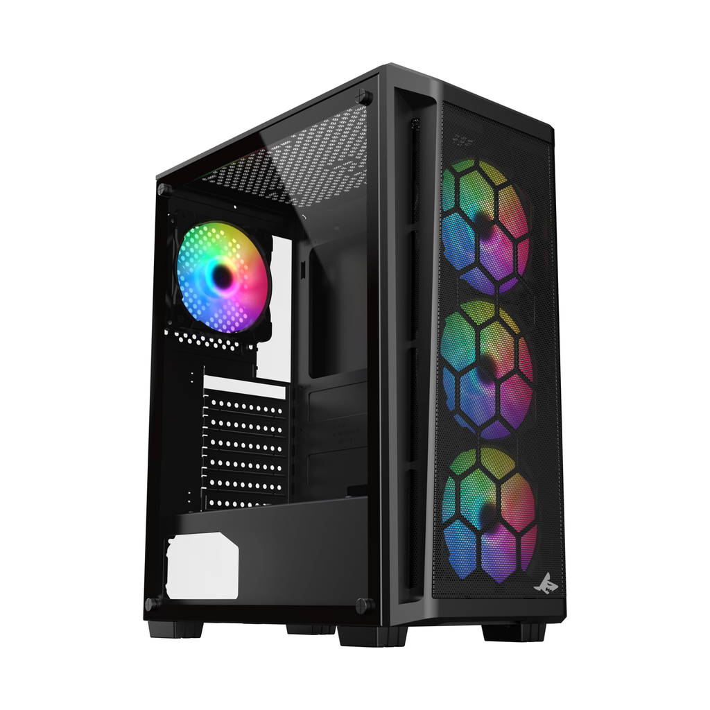 [R-200] Sharx Razorfin ATX Mid Tower Left Side Tempered Glass Panel Case With 4 RGB Fans - Black