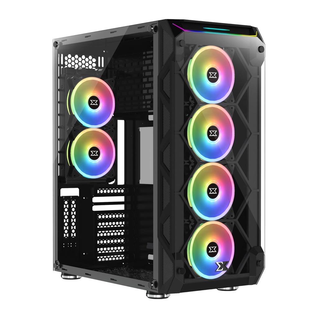 [EN46416] Xigmatek Overtake 3 Side Tempered Glass Panel Case with 6 Rainbow RGB Fans - Black